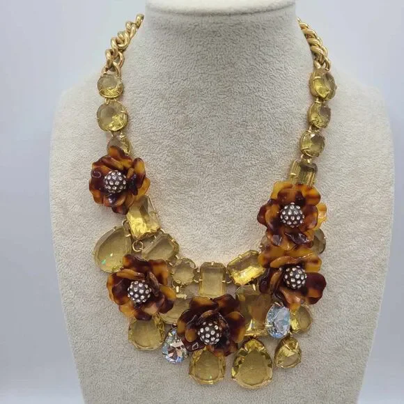 NWOT J Crew Tortoise Clear and Gold Crystal Statement Flower Necklace - Picture 7 of 12